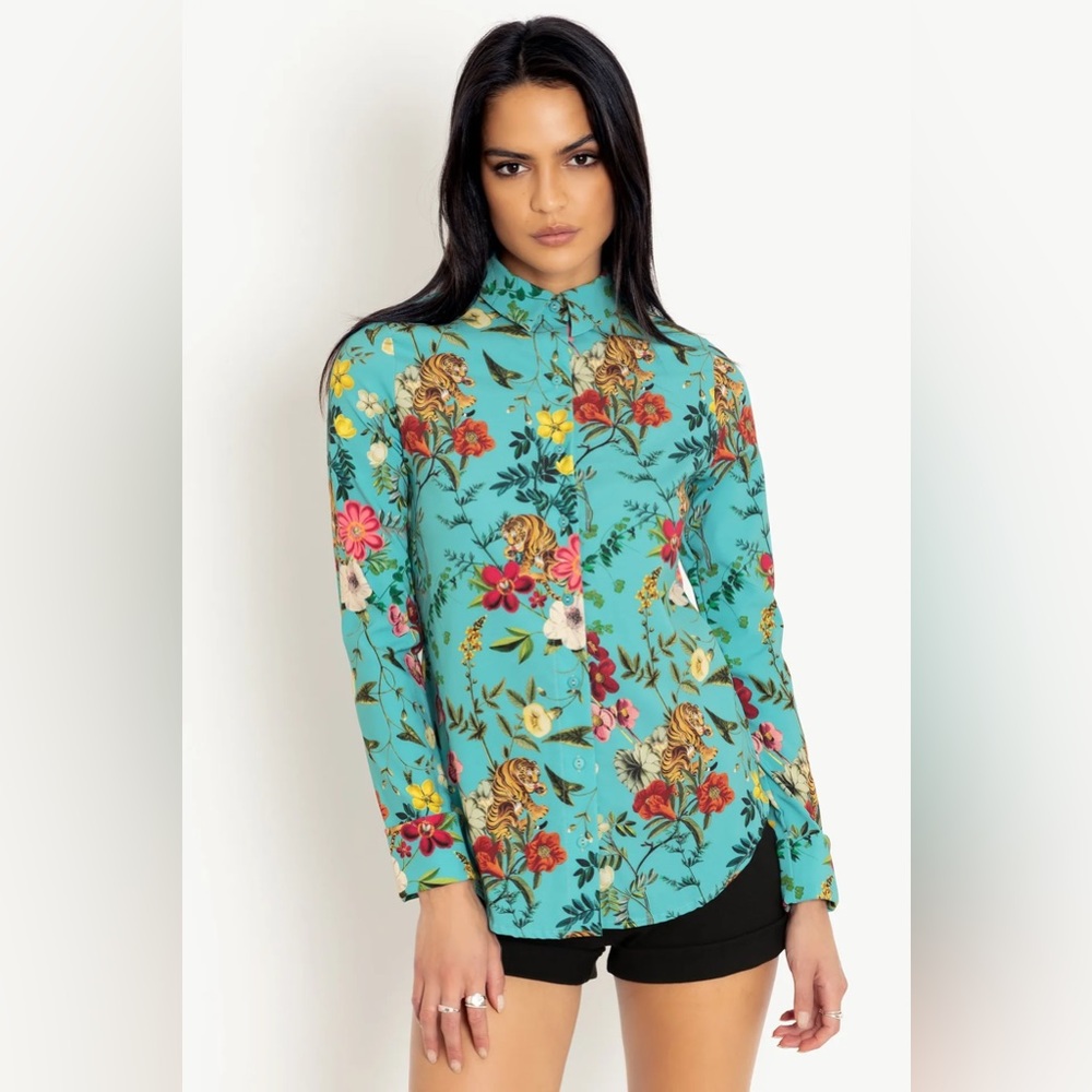 💥NWOT Blackmilk Tropical Tiger Long Sleeve Business Time Shirt Top Size Small